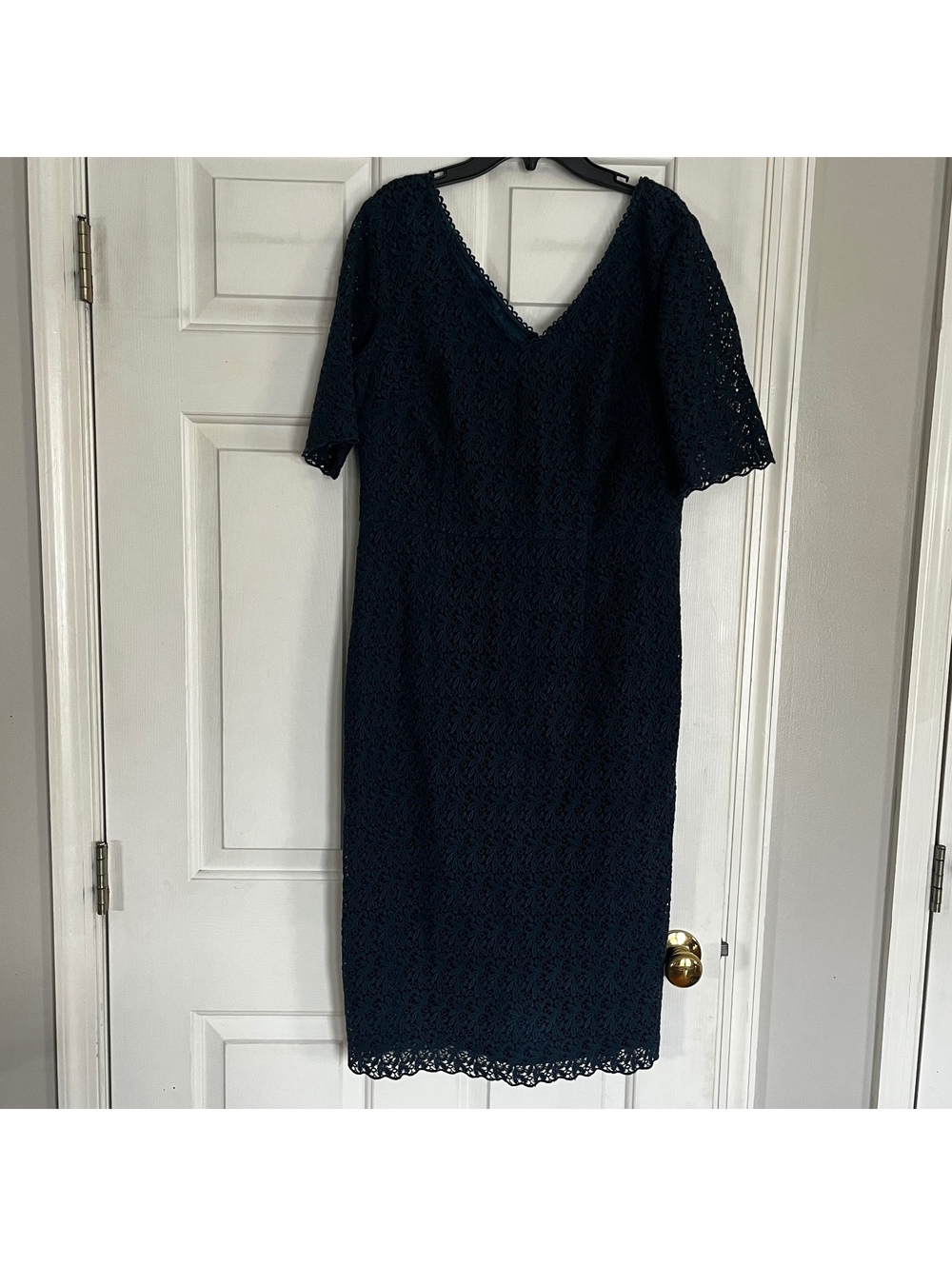 Boden Navy Blue Lace Dress with V-Neck and Half Sleeves